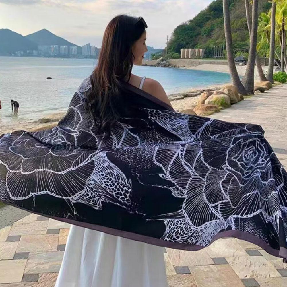 180Cm Leopard Print Flower Ethnic Style Scarf For Women'S Summer Sun Protection Silk Scarf, Paired With A Shawl Cape Beach Scarf
