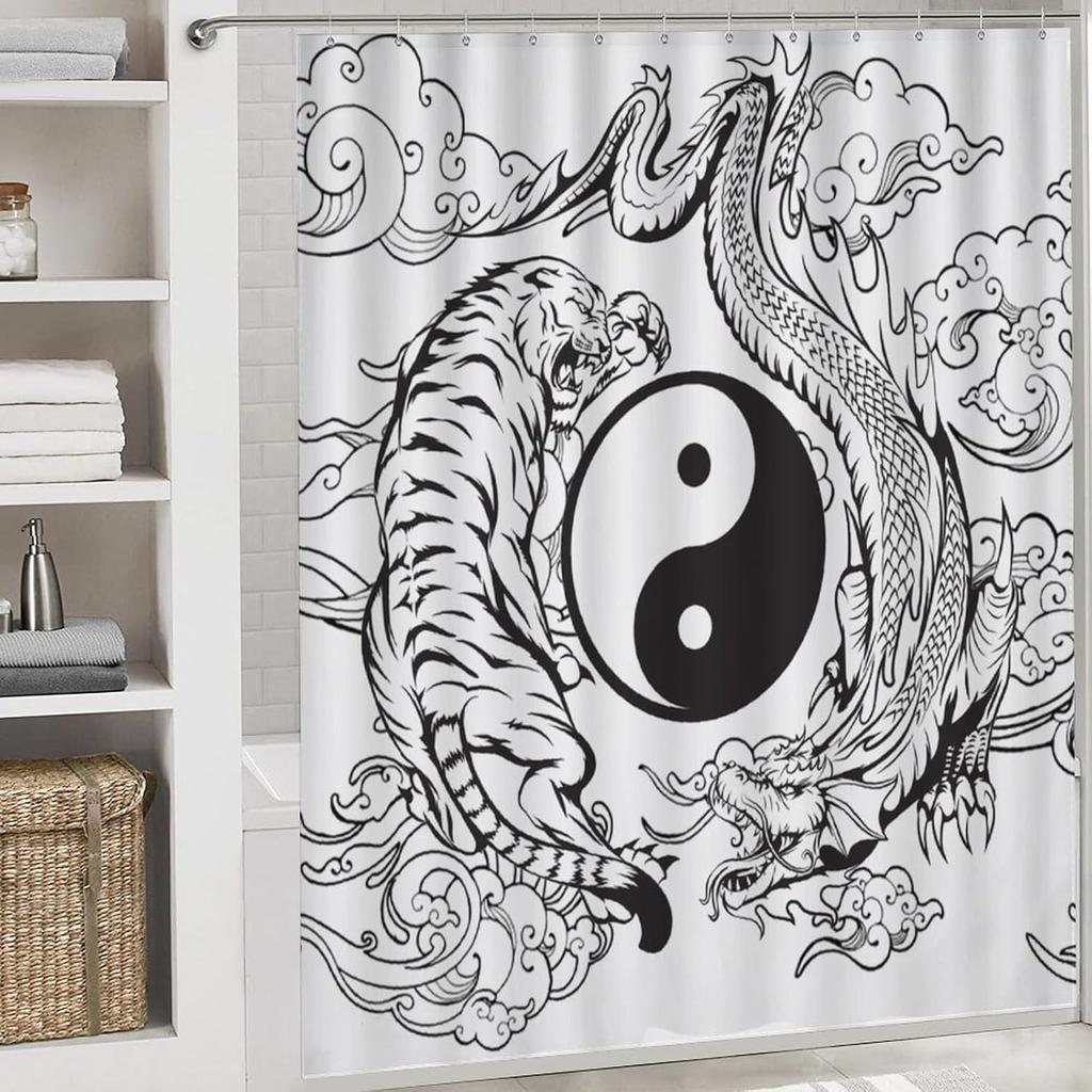 Крутой черно-белый набор из 4 предметов: шторка для душа с драконом и тигром, метафизический небесный дракон и тигр инь-янь, нескользящие коврики, крышка для унитаза, коврик для ванной