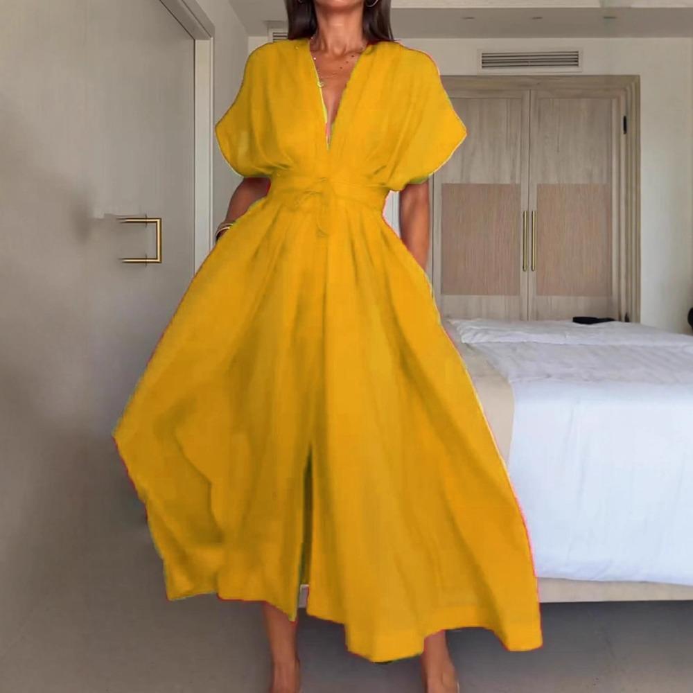 Women's Deep V‑Neck Short Sleeve Tie Waist Pleated Swing Elegant Summer Maxi Dress
