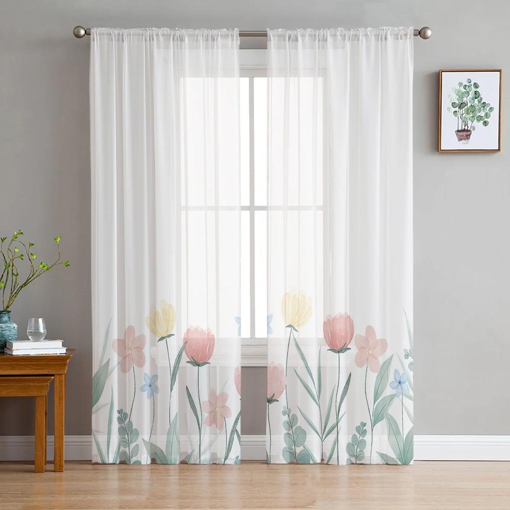 Flower Watercolor Pink Tulle Window Curtains for Bedroom Indoor Living Room Voile Decorative Sheer Curtains Drapes