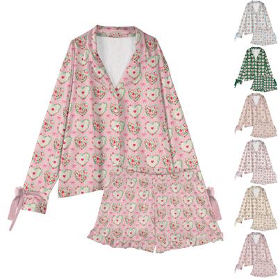 Женский костюм из 2 предметов с принтом, топ на пуговицах с длинными рукавами, широкие брюки, комплект, пижамный домашний повседневный костюм