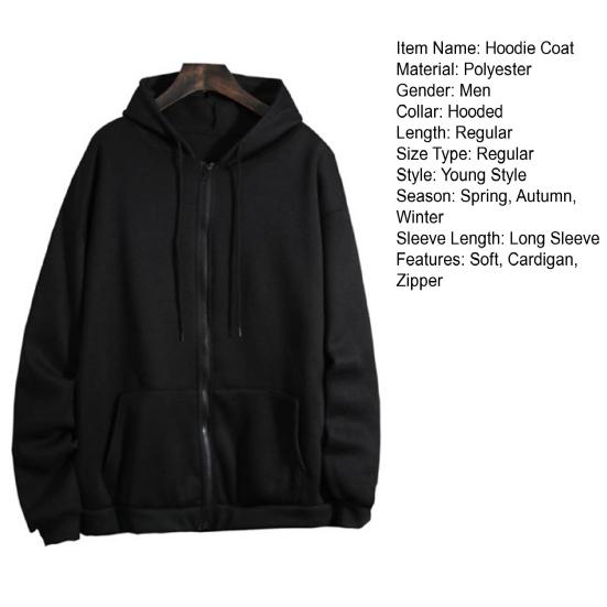 Men Hoodie Coat Solid Color Zipper Long Sleeves Cardigan Pockets Keep Warm Drawstring Hooded Plush Spring Coat Male Clothes