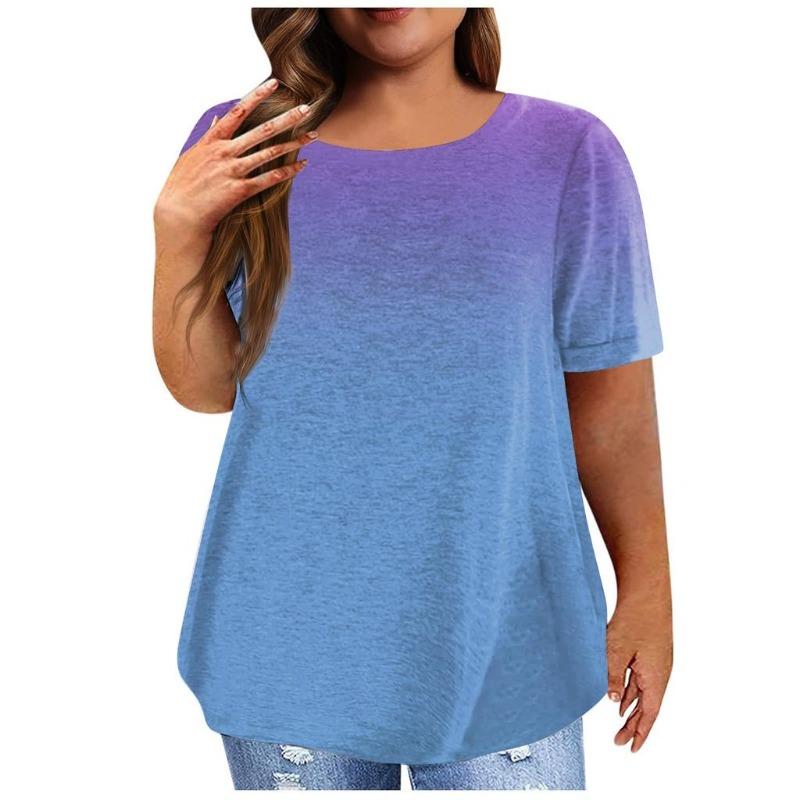 Women's Vintage Gradient Pleated 3D Short Sleeve Casual Imitation Cotton T-shirt Plus Size Pullover Basic Top