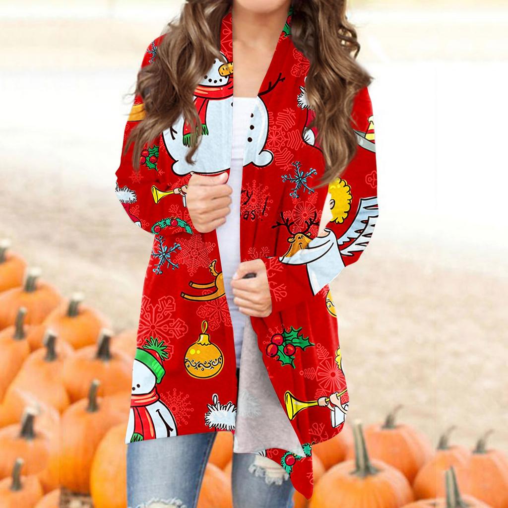 Женская мода, повседневный рождественский принт, кардиган средней длины, куртка, пальто