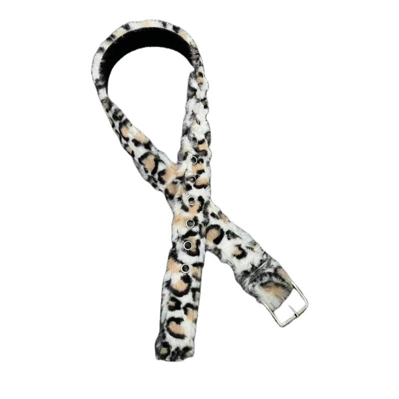 Meier Brown and white leopard print plush belt - unique y2k design, punk subculture streetwear waistband