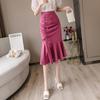Women's Spring Summer High-Waisted Slimming Stretch Mermaid Hem Skirt with Ruffled Details Mid Length Bodycon Skirt Trendy