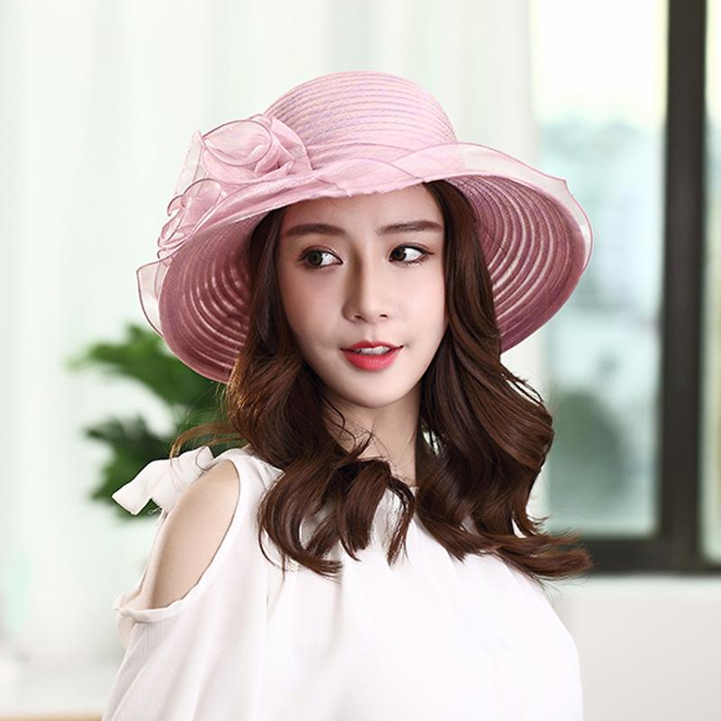 Hat women's summer European and American style organza straw woven stacking flower fashion mesh yarn hat sun protection sun hat versatile cool hat