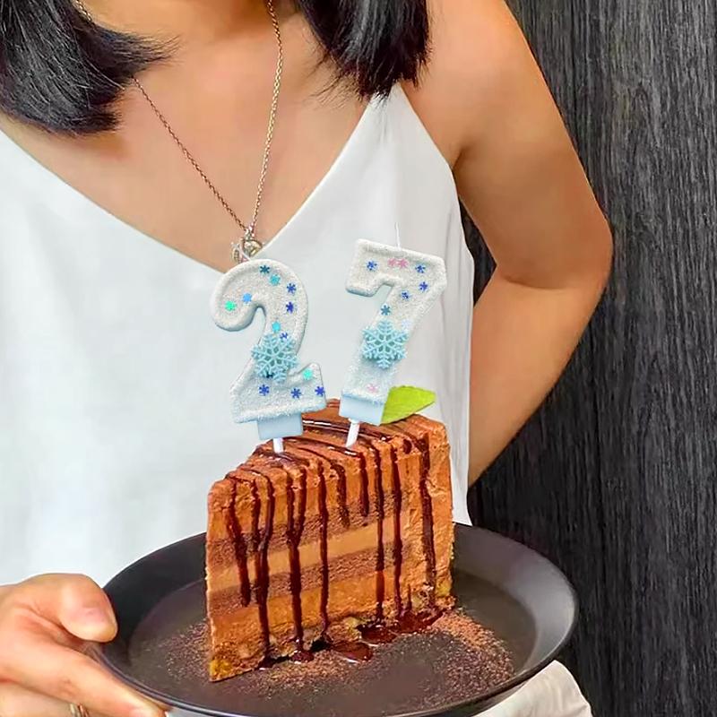 1 шт. Цифра 0-9 с блестками на день рождения, украшение для торта, белые цифровые свечи без Смога, свечи на день рождения, тема снежинки