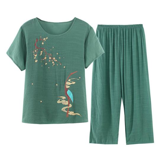 2 шт./компл. среднего возраста, эластичный пояс с принтом, комплект с круглым вырезом, женские пижамы с короткими рукавами, плиссированные, свободные