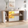 Modern Sideboard Cabinet with Lots of Storage Space, with LED Lighting, 160x40x77cm, 2 Doors, 4 Drawers, Glass Shelf, Wood Look, White.