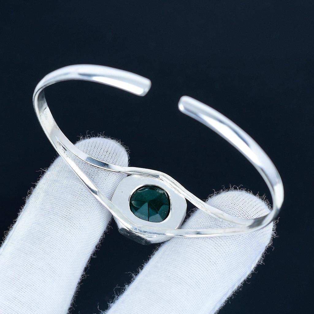 Зеленый Турмалин Шестиугольный Драгоценный Камень Браслет-Манжета Ручной Работы из Стерлингового Серебра 925 пробы, Браслет с Турмалином для Жены, Унисекс Браслет для Подарка