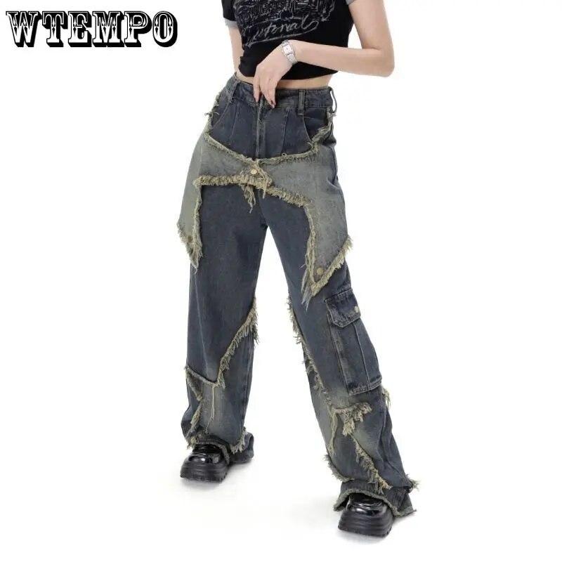 WTEMPO Винтажные женские джинсы с высокой талией, уличная одежда, рваные женские широкие брюки, повседневные прямые джинсовые брюки в американском стиле с кисточками