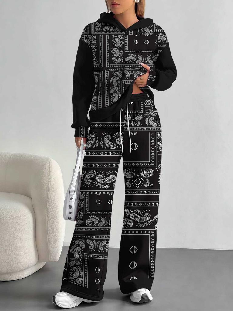 Splicing European And American Autumn And Winter Casual Long-Sleeved Suit Women'S Hooded Sweater Trousers Two-Piece Set