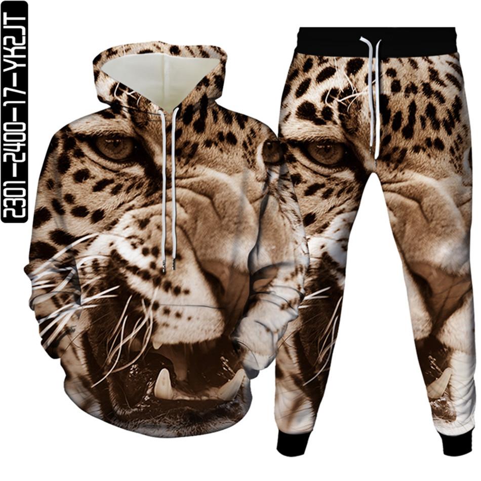 Весенне-осенний мужской спортивный костюм с 3D принтом животных и леопарда, 2 предмета, женский спортивный костюм больших размеров S-6XL, одежда с капюшоном и брюками, спортивный комплект
