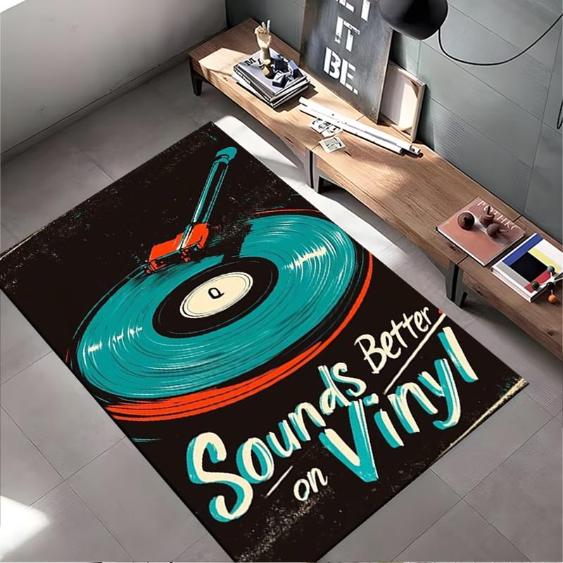 Music Art Area Rug, Sounds Better on Vinyl Turntable Record Retro Teal Red Print, Music Studio Decor, Non-Slip Mat