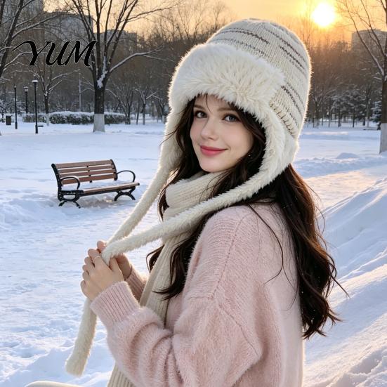 Cold Weather Headwear Women Trapper Hat, Wool Blend Knitted Hat with Ear Flaps, Fuzzy Fashionable Knit Trim, Warm Winter for Hiking Skiing Stylish