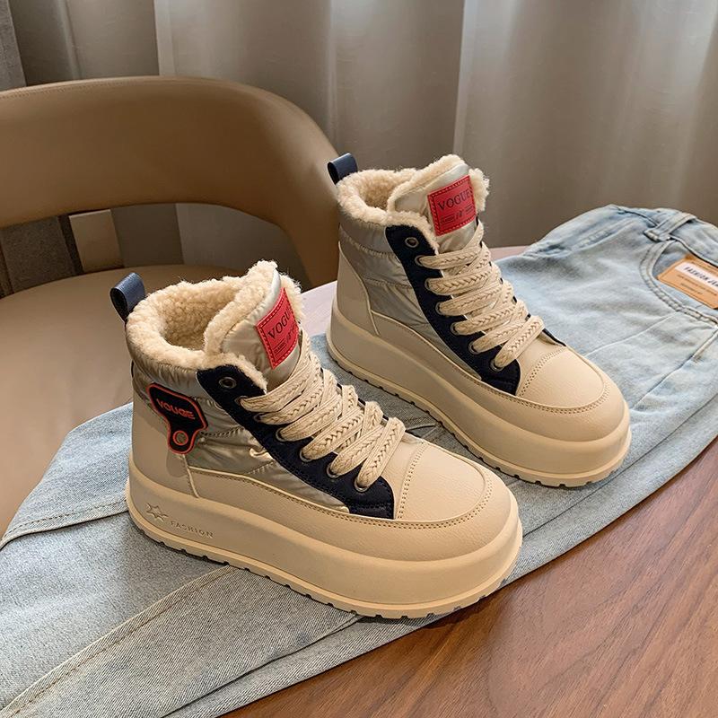 Зимние ботинки на толстой платформе для женщин, короткие ботинки с подкладкой из искусственного меха, кроссовки для ходьбы на шнуровке, женские нескользящие теплые ботильоны из искусственной кожи