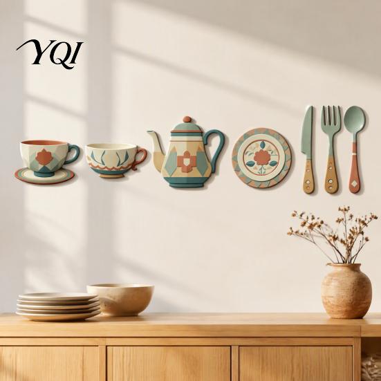 Wooden Tableware Wall Stickers 7Pcs 2D Flat Kitchen Decor, Retro Teapot Themed Peel Stick Dining Room Decor Art, Self?Adhesive Plaques for