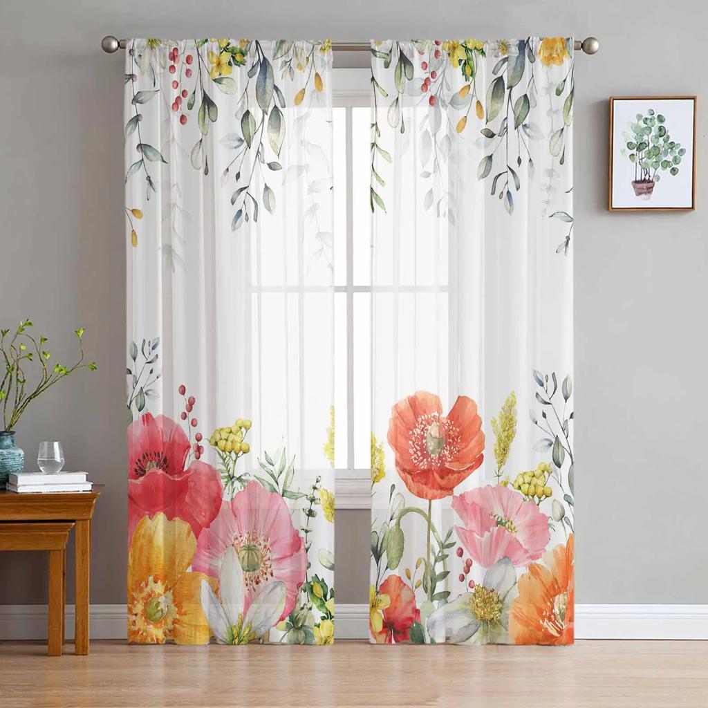 Retro Floral Wildflowers Transparent Curtains for Bed Chamber Living Room Decoration Window Panel Curtain Perfect for Cooking Area Netting Voile