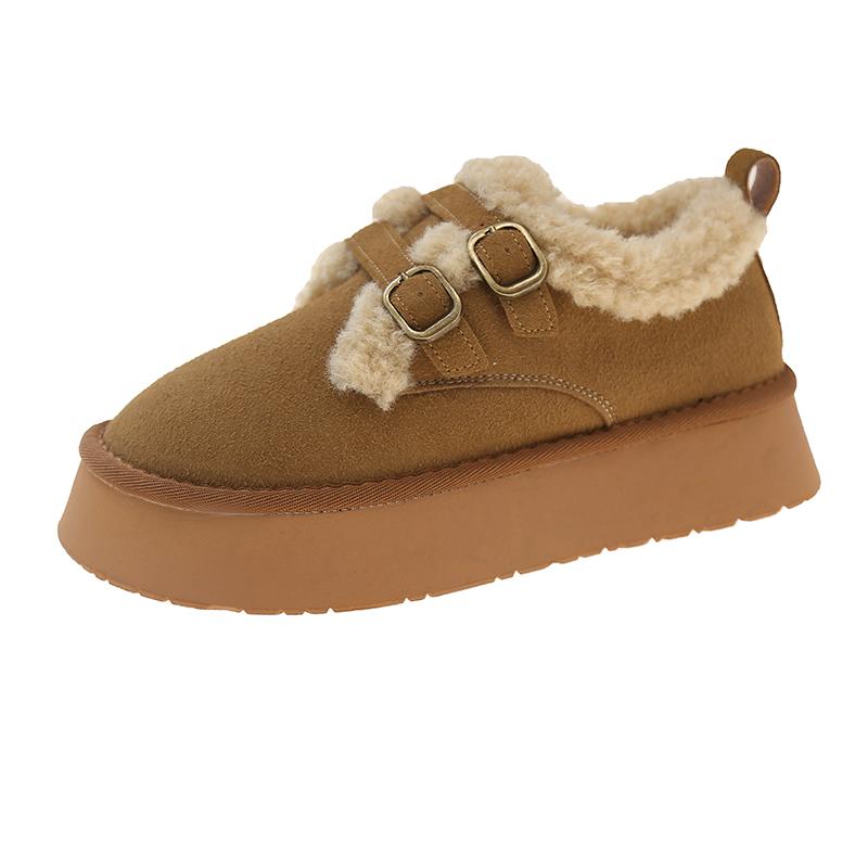 Модные зимние женские сноубутсы с круглым носком, двойной пряжкой, горячая распродажа 2024, на толстой подошве, теплый плюш, средний каблук, водонепроницаемые, повседневные женские туфли