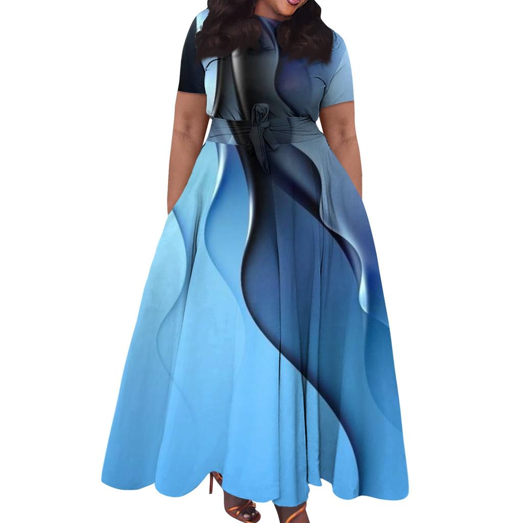 Women's Casual Fashion Large Size Print Round Neck Short Sleeve Pocket Straps Swing Dress