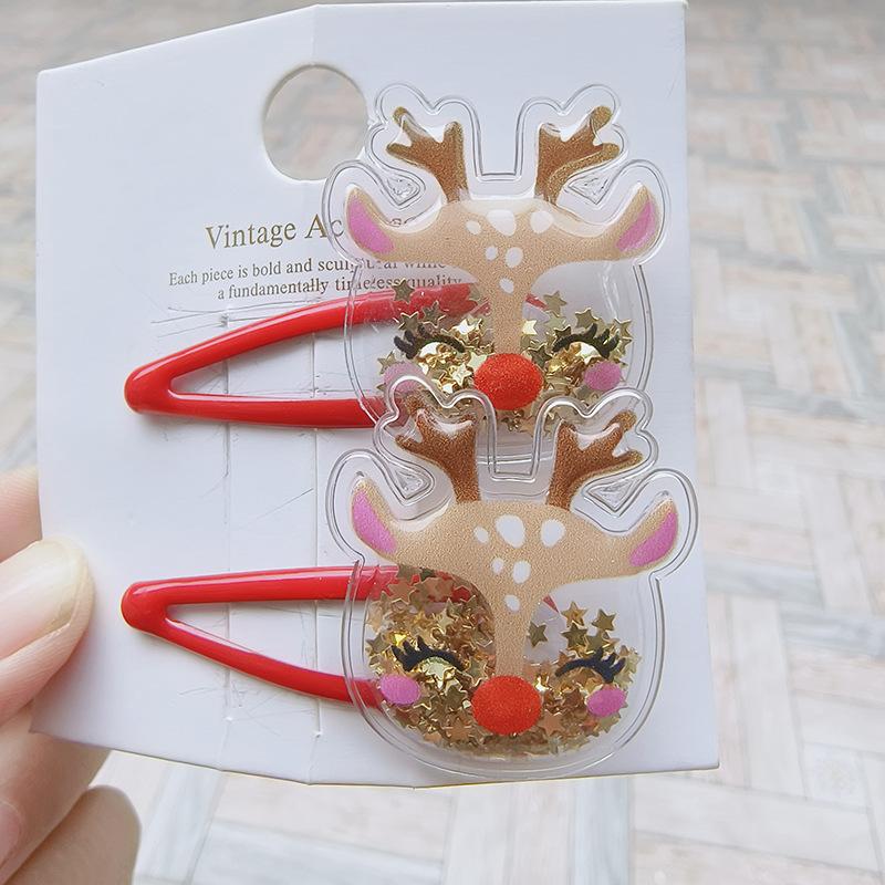 1 пара милых рождественских заколок для волос - Снеговик, Олень и Елка, аксессуары для волос с блестящими красными резинками, заколки для хвостика и челки