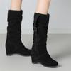 Модные женские ботинки до середины икры с внутренней платформой, женская обувь высокого качества, новые, с круглым носком, однотонные, в английском стиле, модные, повседневные, с пряжкой, плиссированные