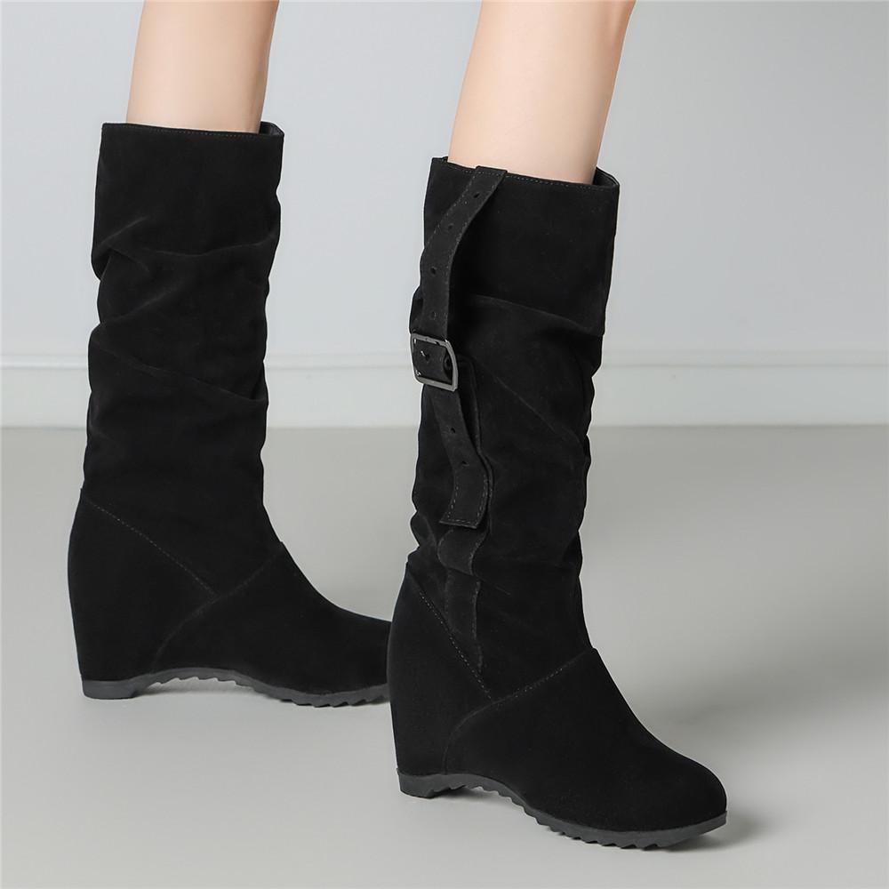 Модные женские ботинки до середины икры с внутренней платформой, женская обувь высокого качества, новые, с круглым носком, однотонные, в английском стиле, модные, повседневные, с пряжкой, плиссированные