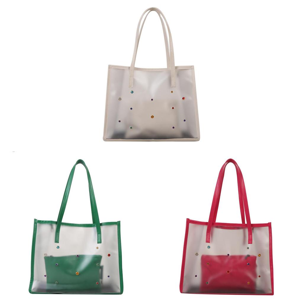 Large Capacity Pvc Shoulder Bag For Women With Inner Pouch And Metal Rivets