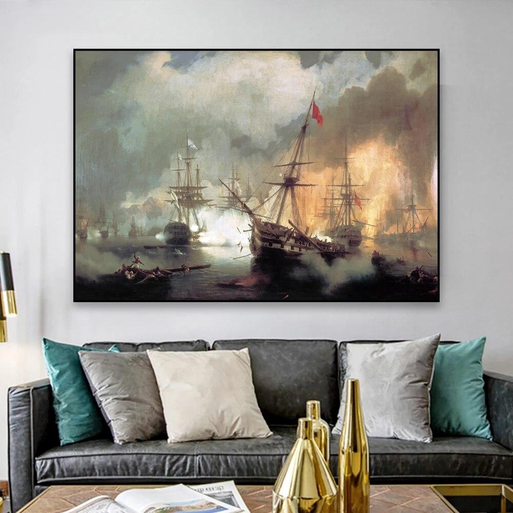 Retro Art Poster Ivan Konstantinovich Aivazovsky Oil Painting Brig Mercury Attacked by Two Turkish Ships Canvas Print Gallery