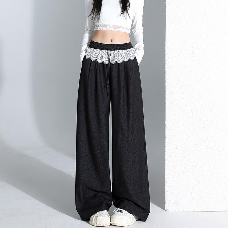 Кружевные широкие брюки женские весенние уличные облегающие повседневные прямые брюки с высокой талией