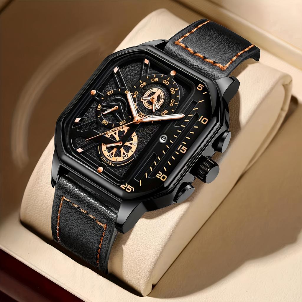 3-Piece Men's Business Casual Watch Set: Fashion PU Leather Quartz Watch, Bracelet & Necklace Gift Set
