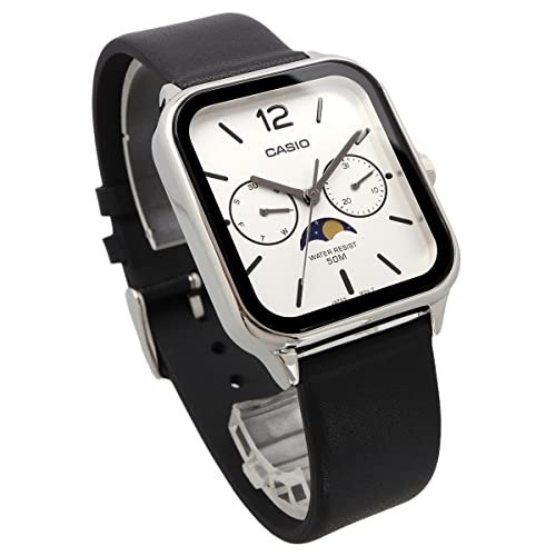[CASIO Стандартная фаза луны Аналоговые мужские часы с фазой луны MTP-M305L-7AV серебристые ... с черным кожаным ремешком