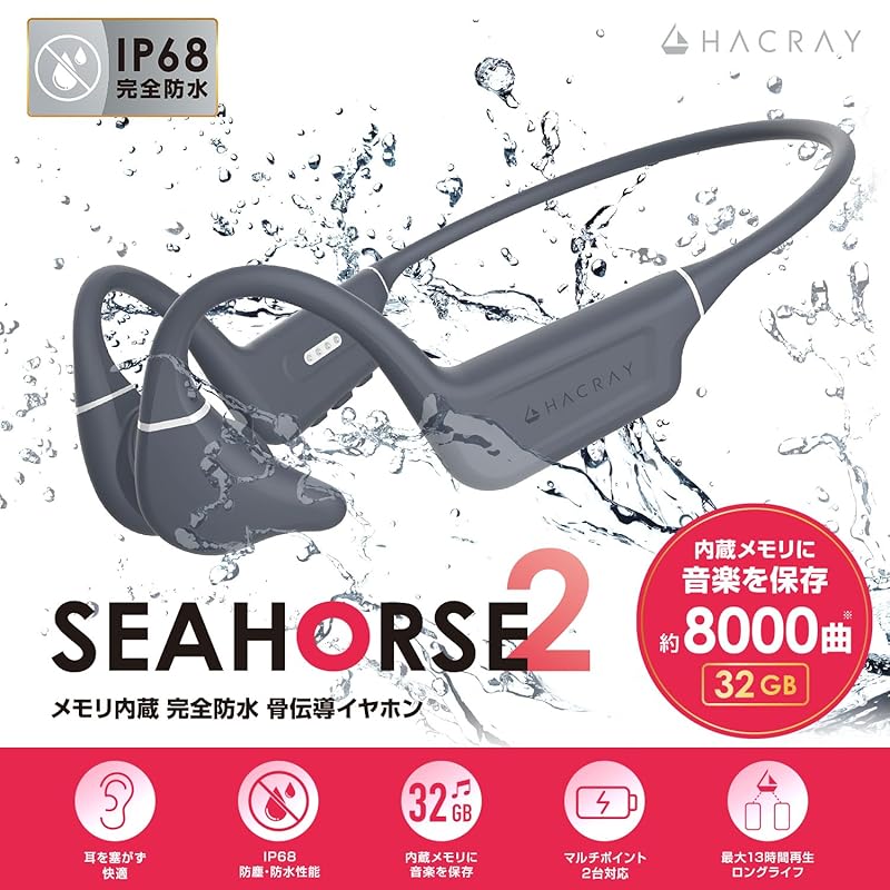 HACRAY наушники с костной проводимостью SeaHorse2 [IP68 полностью водонепроницаемые Встроенный 32 ГБ памяти музыкальный плеер Bluetooth 5.4 с поддержкой AAC многоточечное подключение До