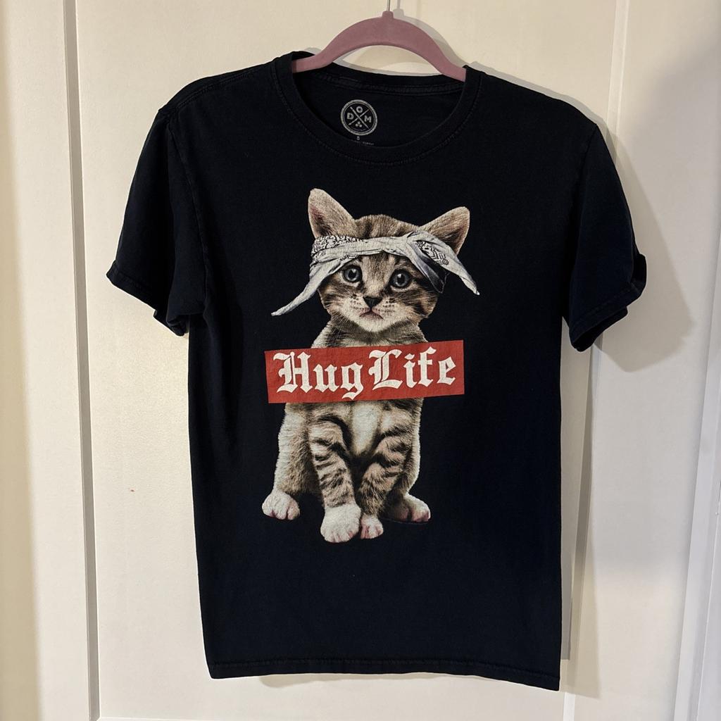 DOM Hug Life Kitten T-Shirt Size S Black Cat Short Sleeve Meme Funny Geek Tee