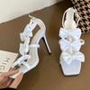 French Summer Women's Sandals Square Head Butterfly Knot Buckle Strap Super High Heels Party Shoes White