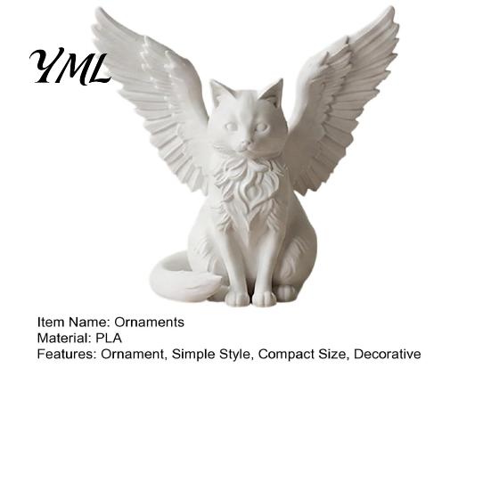 PLA Material Crafts Angel Cat Desk Ornament, Matte White 3D Printing Figurine, Minimalist Simple Textured Art Winged Sculpture for Home Office