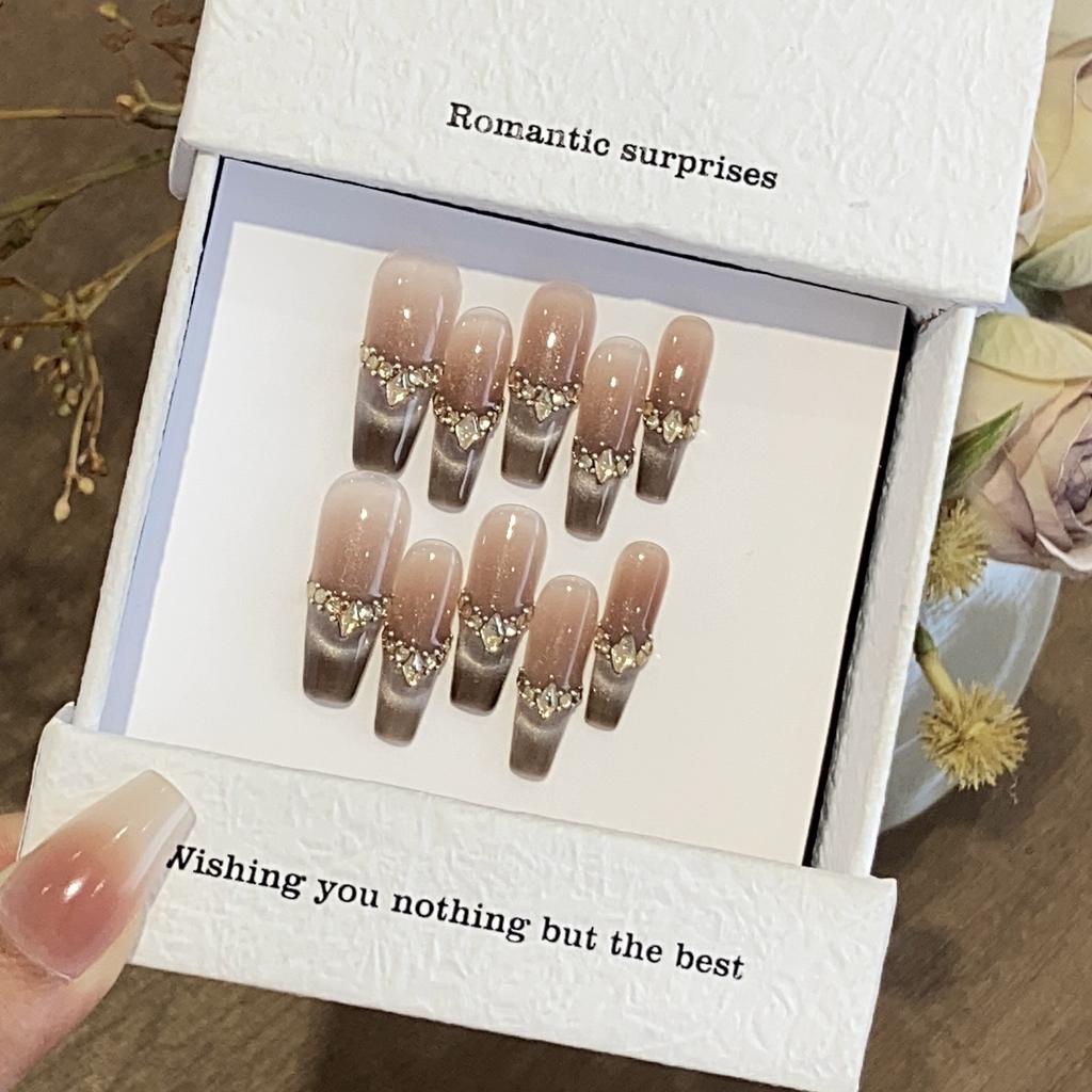 Premium Maillard Blush French Cat Eye Champagne Crushed Diamond Cold Coffee Mocha Patch Wear Armor