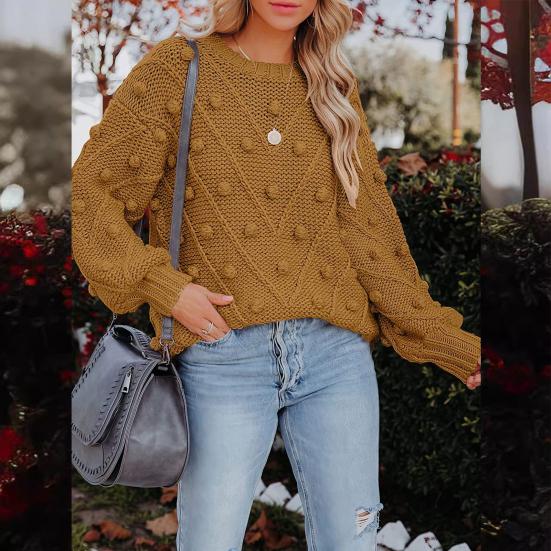 Women Sweater Tops Round Neck Long Sleeve Jacquard Decor Knitted Tops Solid Color Loose Fit Jumper