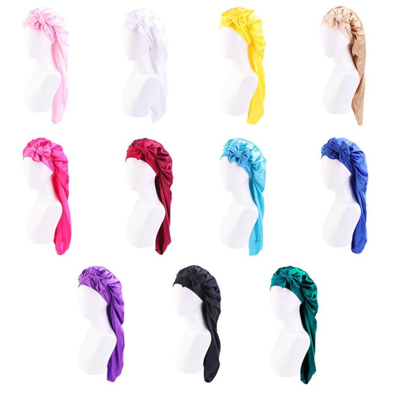 Women Long Oversized Elastic Satin Bonnet Sleeping Cap With Ribbon Breathable Sleeping Cap Turban Sleep Headwear Bandanas