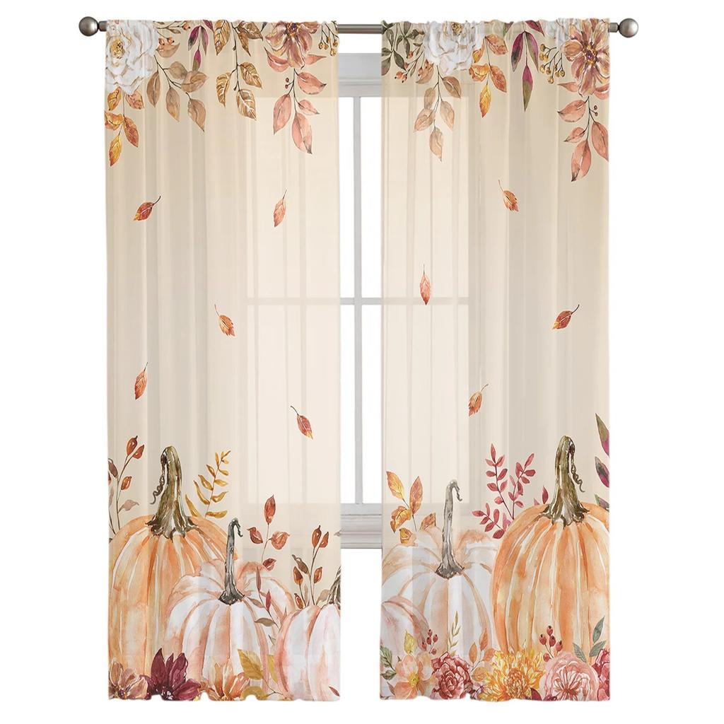 Thanksgiving Fall Pumpkin Leaves Sheer Curtains For Living Room Bedroom Tulle Curtain For Kitchen Voile Curtain Blind Panels