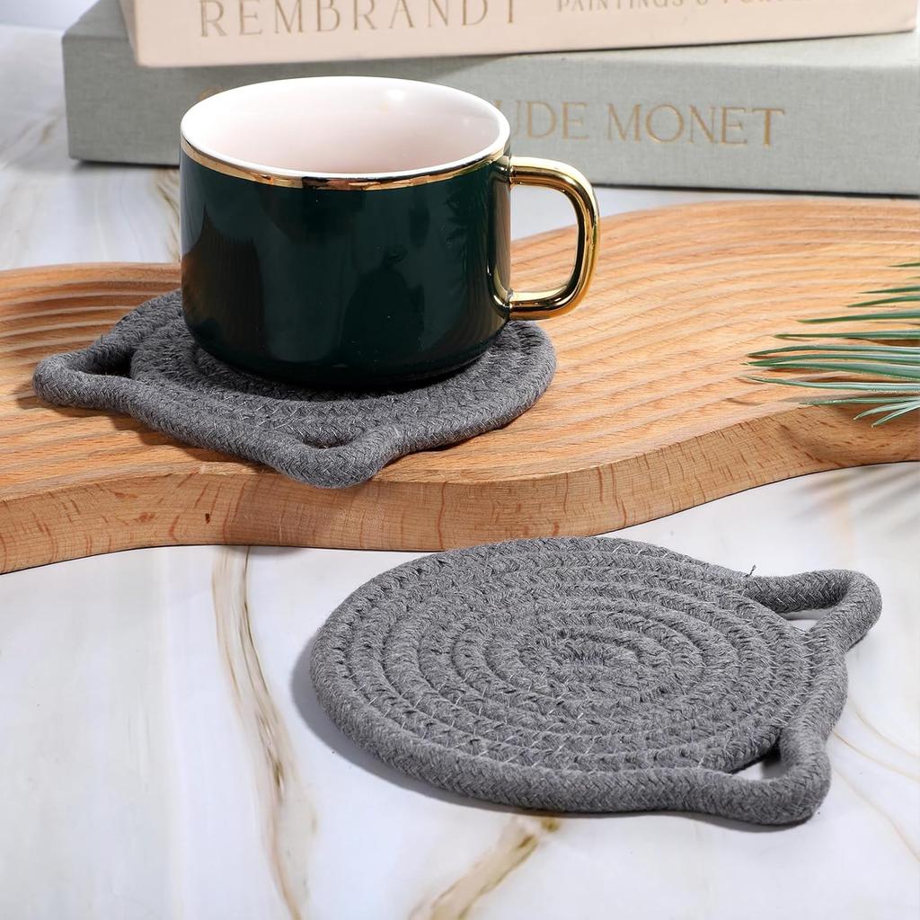 2 PCS Cute Coasters, Absorbent Fabric Mug Pads Cat Ear Shape Large Size Coasters for Drinks Handmade Braided Cotton Coaster for Wooden Table Tabletop