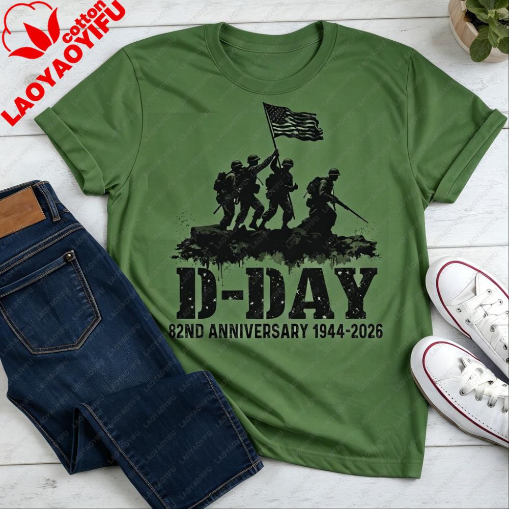 Dday 82nd Anniversary 19442026 Tshirt Military Commemorative Tee Soldier Silhouette American Flag Print Patriotic Casual Tee