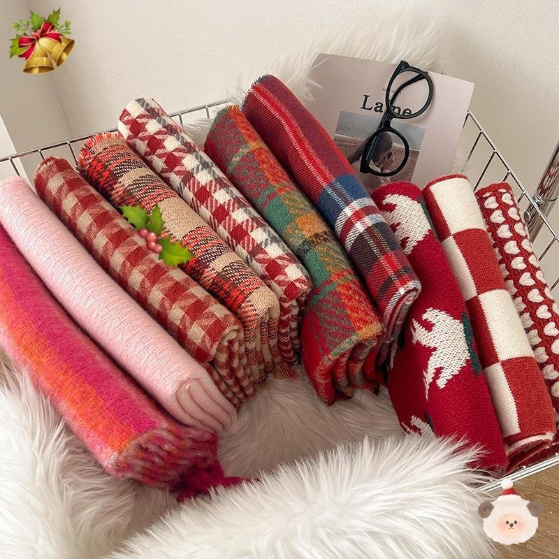 New Christmas Red Scarf Women's Winter Christmas with Warm Knitted Shawl Soft Waxy Atmosphere Scarf