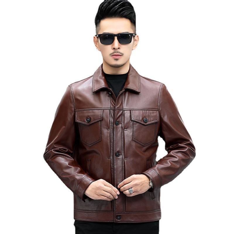 Куртка из натуральной кожи, мужская мотоциклетная кожаная куртка с верхним слоем из воловьей кожи с лацканами, трендовая красивая мужская кожаная куртка