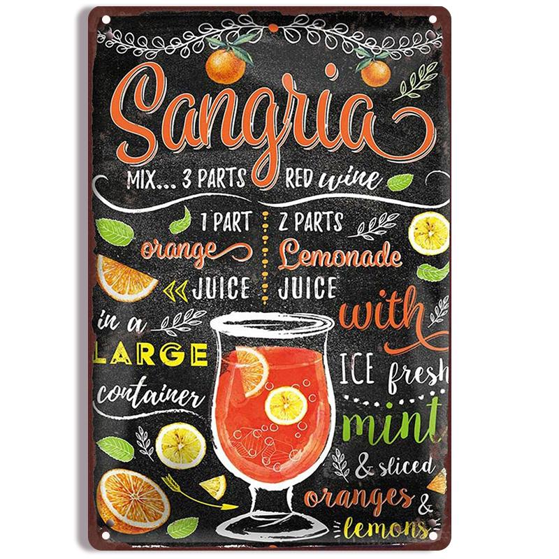Vintage Cocktail Recipe Metal Tin Signs Set Pina Colada Sangria Margarita Aperol Spritz Zombie Screw Driver Drinks Wall Decor