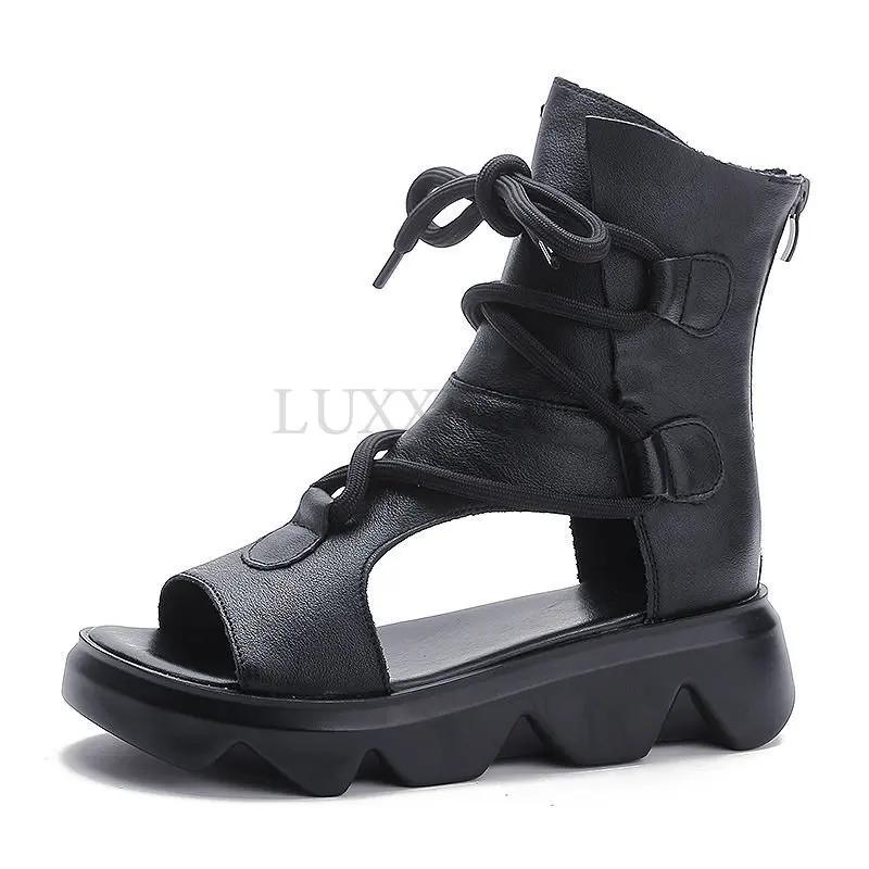 Модные летние прохладные сапоги женские из натуральной кожи на танкетке с каблуком-платформой ботильоны женские сандалии с открытым носком ретро