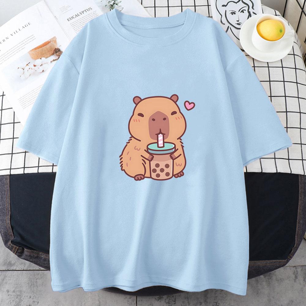 Футболка Capybara Loves Drinking Bubble Tea, 100% хлопок, летняя одежда, повседневная женская/мужская футболка Kawaii, милые рубашки для девочек, мода