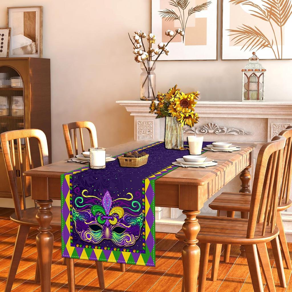 Mardi Gras Table Runner New Orleans Brazi Carnival Tablecloth Fat Tuesday Mardi Gras Decorations and Supplies for Home Kitchen Table-13×72''