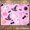 2D Plane Halloween Party Background Cloth - Pink Cartoon Design Featuring Ghosts, Witches, Bats and Candy Sticks, Yzb